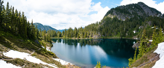 Panoramic view of mountain lake landscape  with blue sky and clouds