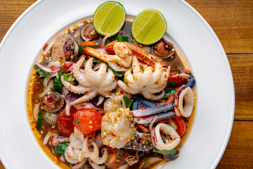 Thai food, spicy mixed seafood salad,Thai spicy food recipe,Spicy seafood,Yum Spicy seafood