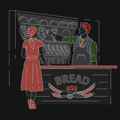 Bakery shop worker showing customer variety of baked goods