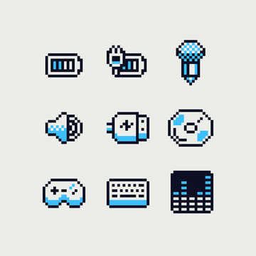 Old school computer icons set. Charging and battery, disk cd, keyboard, microphone and joystick. Pixel art style. Stickers design. Video game 8-bit sprite. Isolated abstract vector illustration.