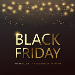Black Friday card with gold text and glowing lights. Vector