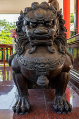 Jie Kong Shrine, Phanjang Wang District, Chiang Rai, 9-10-2019, Lion statue in front of chinese temple,Bronze lion in a Chinese temple