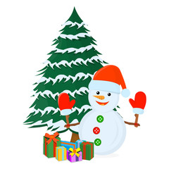 Christmas Tree with Gift and Showman Icon Concept. Xmas Tree on White Background. New Year Symbol, Icon and Badge. Cartoon Vector illustration