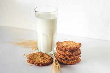 Glass of milk and oatmeal cookies on a light background. Evening snack or breakfast