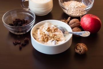 Healthy breakfast of milk and oatmeal