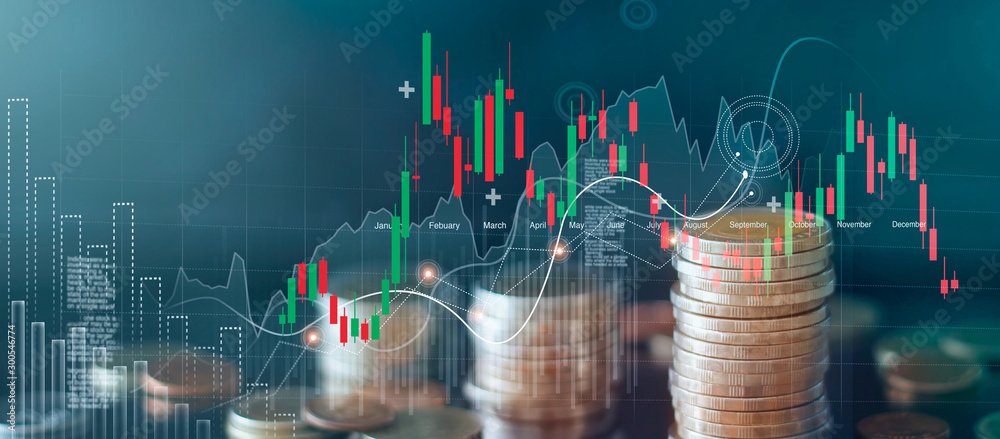 Aufkleber graph and rows of coins for finance and business, stock market chart growth, abstract and symbol, bu