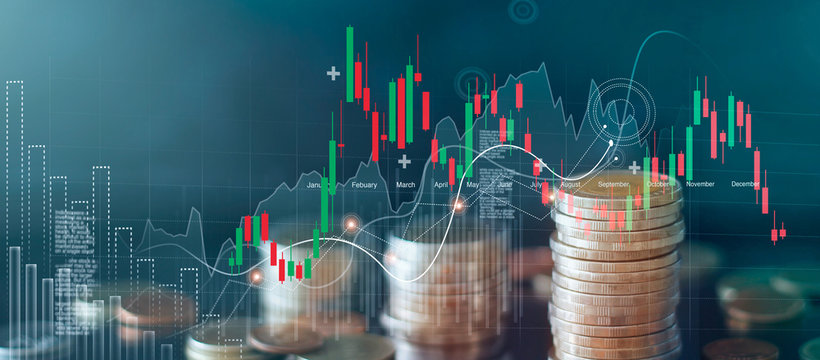 Graph And Rows Of Coins For Finance And Business, Stock Market Chart Growth, Abstract And Symbol, Business Investment And Currency Exchange, On Blue Background.