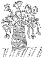 Hand drawing coloring book for children and adults with mascara, pencil. Beautiful drawings with patterns and small details. Still life a vase with wildflowers. One of a series of anti-stress pictures