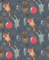 Wallpaper murals Animals with balloon Vector seamless pattern with wild forest animals fliyng on balloons.