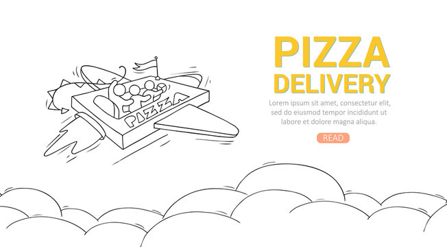 Sketch flying little people on pizza