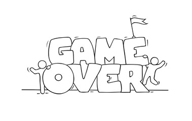 Sketch of little people with big words Game Over.