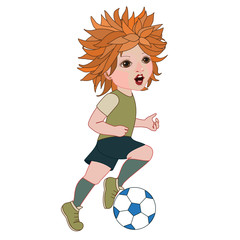 boy soccer player with red hair in a sports uniform runs and kicks the ball, color clip art on a white isolated background