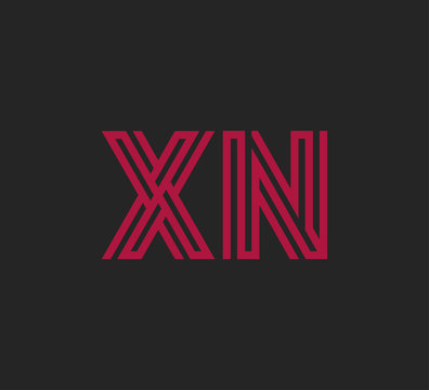 Initial two letter red line shape logo on black vector XN