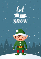 Smiling Santa elf Christmas character vector background cartoon style vector illustration with hand drawn lettering.