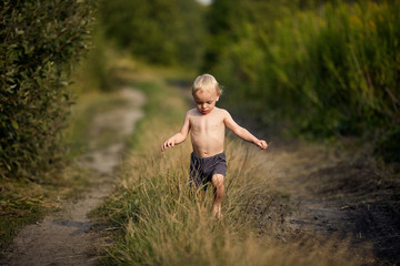 Cute little boy waling on a country path