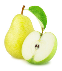Composite image with apple and pear isolated on a white background.