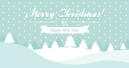 Christmas and new year banner vector background poster, elegant flat pastel color cartoon postcard or cute decoration backdrop for copy space text, winter hills scene with xmas fir trees with snow