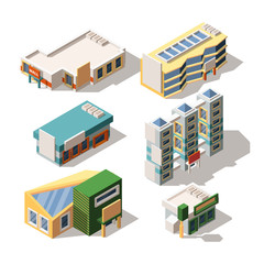 Shopping center exterior designs isometric 3D vector illustrations set