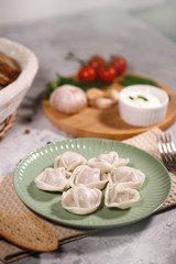Ravioli on a plate with vegetables and sauce. Boiled dumplings on a dish. Tasty dinner. Food.
