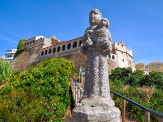 Sculpture with fort in Vila Nova de Milfontes in Portugal at river Mira