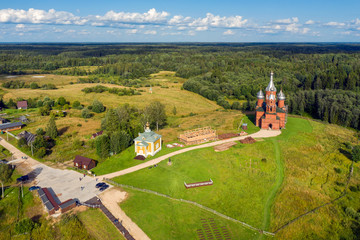 Aerial top view on Holguin convent. Village Volgoverkhovye, Tver region, Russia. Source of the Volga River