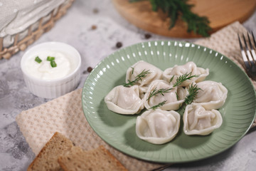 Ravioli on a plate with dill. Boiled dumplings on a dish. Tasty dinner. Food. Close-up.