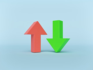 Up and down red and green arrows isolated on pastel blue background. Download and upload symbols. minimal concept. 3d rendering