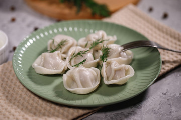 Cooked ravioli in a plate, close-up. Delicious hearty dinner, dumplings with herbs. Food.