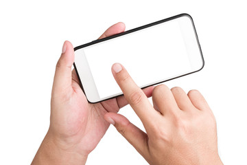 Human hand holding the touch screen mobile phone and showing signing gestures on isolated white background with clipping path.