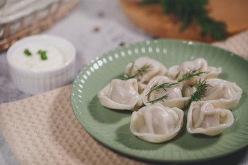 Ravioli on a plate with dill. Boiled dumplings on a dish. Tasty dinner. Food. Close-up.