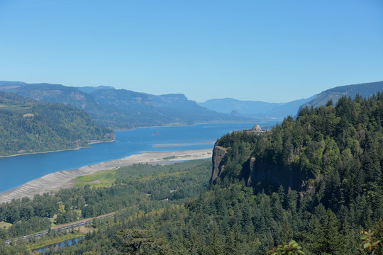 Scenic view at Columbia river Gorge, Oregon. View of Crown Point and the Vista House on sunny summer day