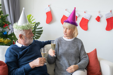 senior elderly caucasian old man and woman holding glass of champagne celebrate together in living room that decorated with christmas tree for christmas festival day, retirement lifestyle concept
