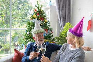 senior elderly caucasian old man and woman holding glass of champagne celebrate together in living room that decorated with christmas tree for christmas festival day, retirement lifestyle concept
