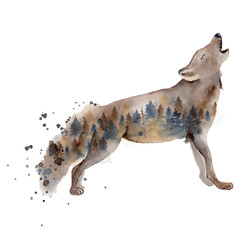 Watercolor wolf illustration wild forest animal with double exposure effect