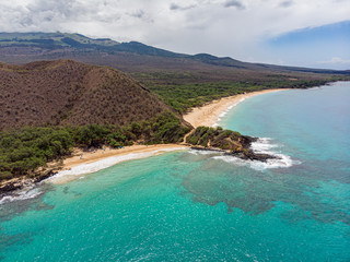 Aerial view at Puu Olai cinder cone, Little and Big beach of Makena state park