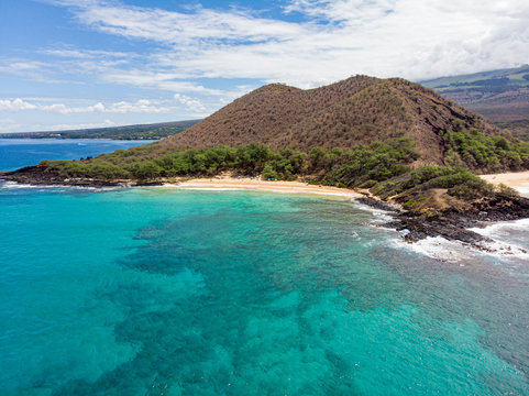 Aerial view at Puu Olai cinder cone, Little and Big beach of Makena state park