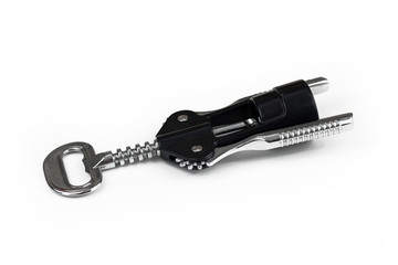 Black combined corkscrew and bottle opener isolated on white background