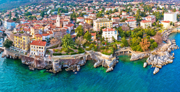 Town of Lovran and Lungomare sea walkway aerial panoramic view