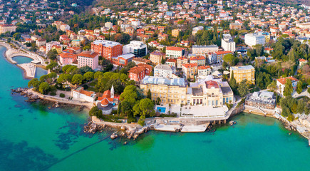 Fototapeta na wymiar Town of Opatija and Lungomare sea walkway aerial panoramic view