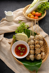 Meatballs on skewers , Grilled Meatballs with Spicy Sauce