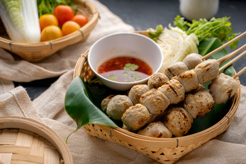 Meatballs on skewers , Grilled Meatballs with Spicy Sauce