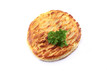 Cheese puff pastry with salad on white background