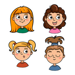  Collection of portraits of children in cartoon style. Cute characters kids girls
