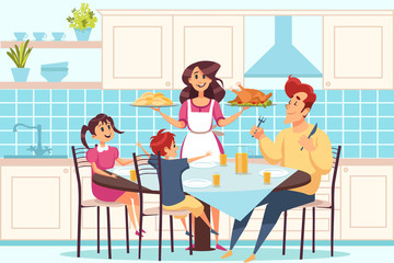 Family with children sitting at dining table, people having dinner together concept