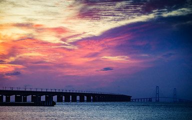 Fototapeta premium Storebaelt Bridge in Denmark at sunrise
