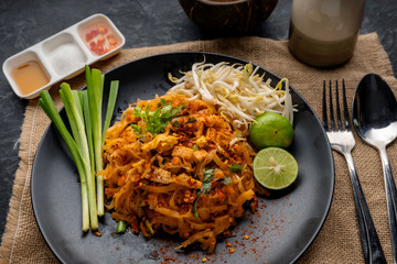 Pad Thai , Thai style noodles , Pad Thai on the table, top view, copy space