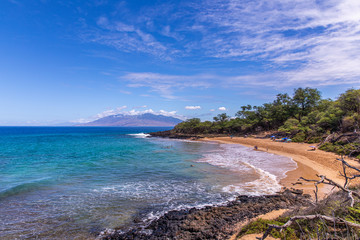 Panoramic view at Little beach, Wailea-Makena, Maui, Hawaii. Little beach is a secluded place near Puu Olai cinder cone