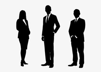 Business people group silhouettes pose on white background, flat line vector and illustration.