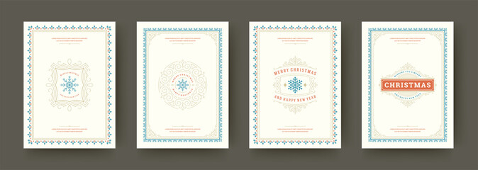 Christmas cards set vintage typographic design ornate decorations symbols with winter holidays wish vector illustration