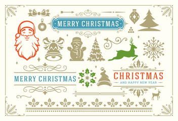 Christmas vector decoration symbols, ornate vignettes and icons for labels, badges and greeting card vector illustration